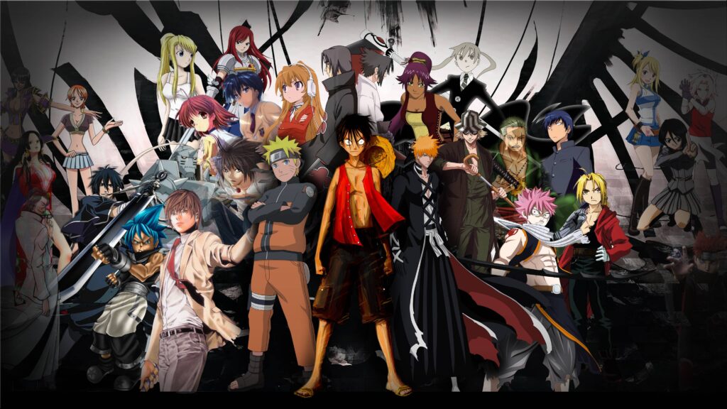 Imagem com vários personagens de anime representado os animes mais esperados da temporada