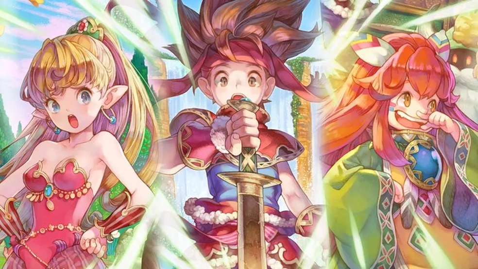 Randi, Primm e Popoi, os heróis de Secret of Mana, explorando um cenário colorido.