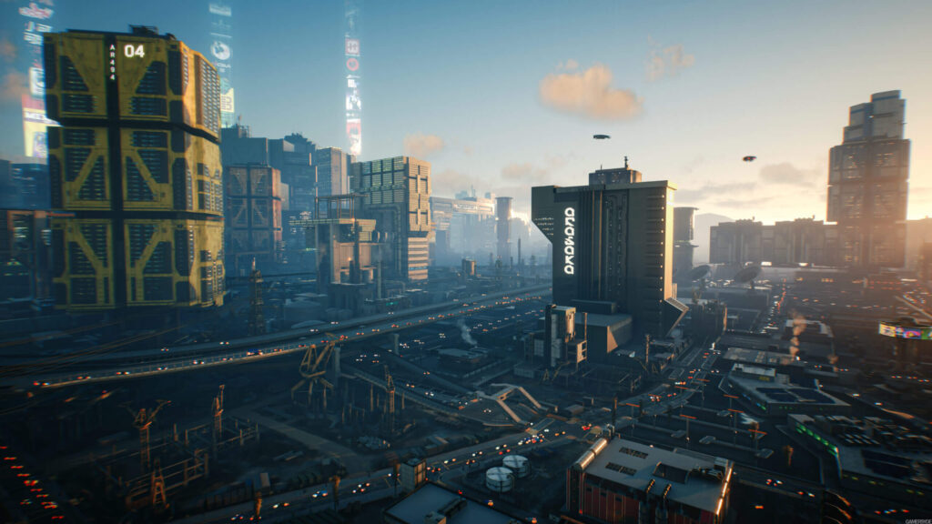 Vista panorâmica de Night City no jogo Cyberpunk 2077