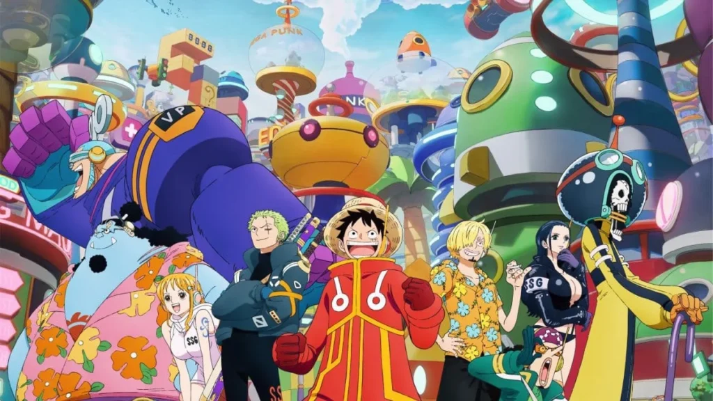 Imagem do Arco de Egghead de  One Piece com os personagens do bando de chapeu de palha na imagem