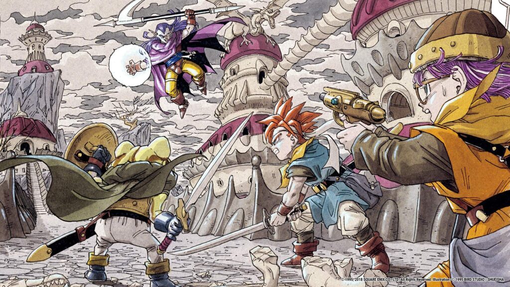  Personagens principais de Chrono Trigger em uma batalha, mostrando o sistema de combate inovador.