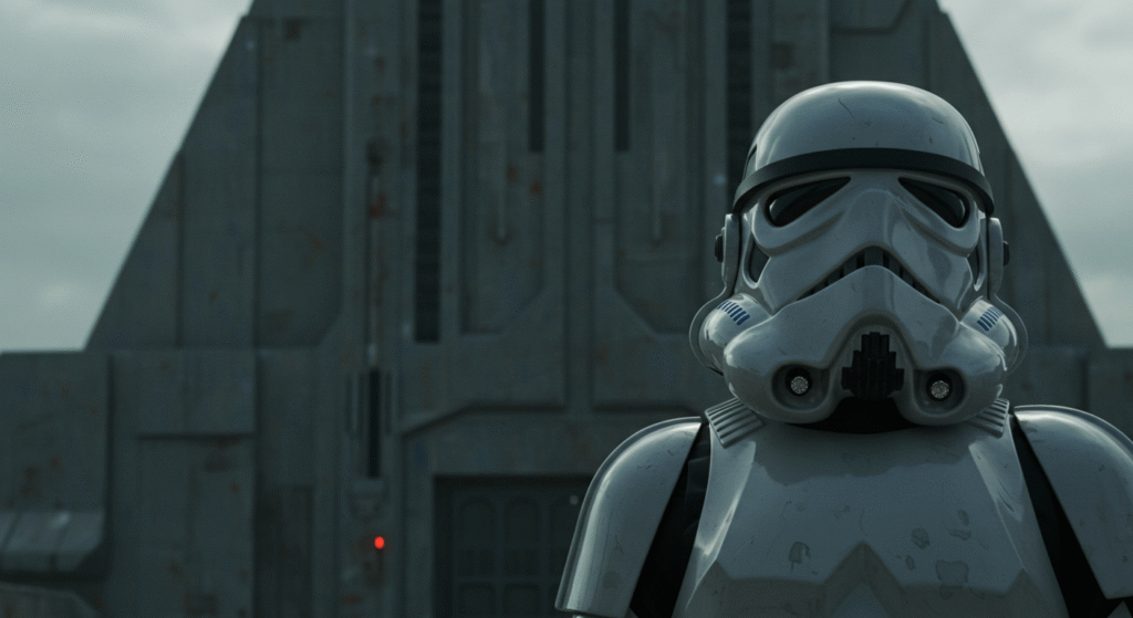 Stormtroopers marchando, simbolizando a ascensão do Império Galáctico e a opressão na galáxia.