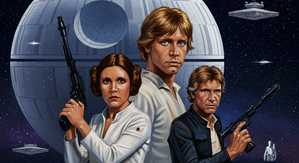 Luke Skywalker, Princesa Leia e Han Solo em cena clássica, representando o início da Aliança Rebelde e a luta contra o Império.
