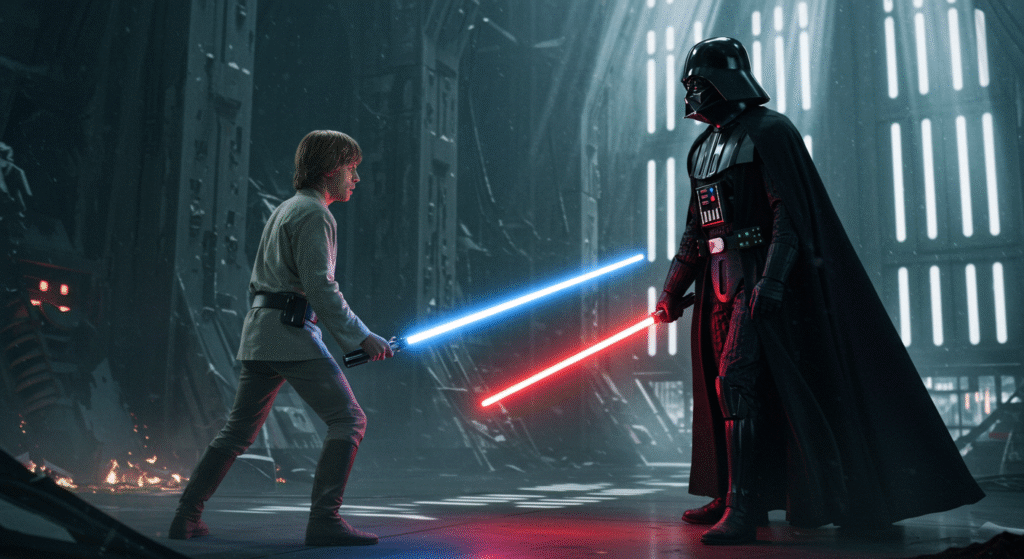 Luke Skywalker em duelo com Darth Vader, simbolizando o confronto central e a revelação impactante em O Império Contra-Ataca.