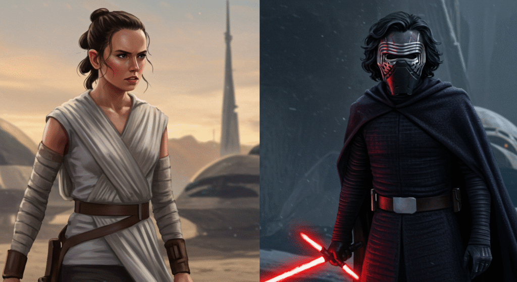 Uma imagem de Rey e Luke, ou de Kylo Ren. Alt Text: Rey e Luke Skywalker em Ahch-To, representando o treinamento Jedi e os desafios da nova geração.