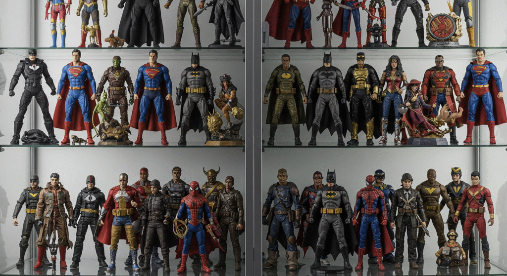 Coleção de action figures de super-heróis da Marvel e DC, exibindo figuras detalhadas do Homem-Aranha, Batman e Mulher-Maravilha em prateleiras iluminadas.