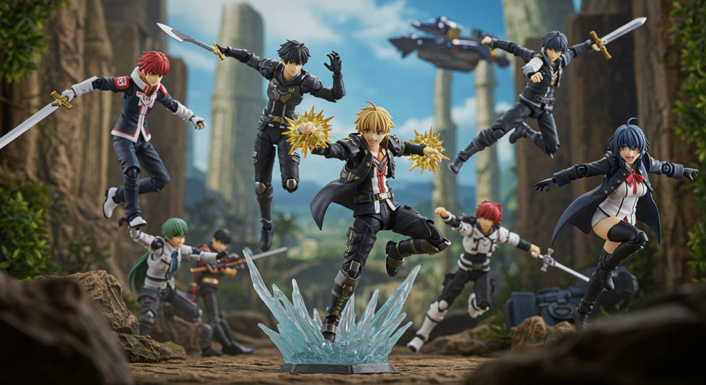 Action figures de personagens de anime como Goku e Naruto em poses de luta, com cenário de fundo que lembra os animes, destacando a qualidade das miniaturas geek.
