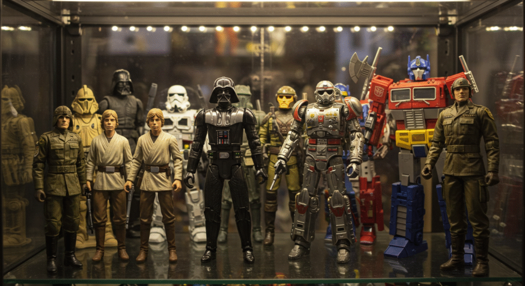 Bonecos colecionáveis clássicos de Star Wars, incluindo Darth Vader e Stormtroopers, exibidos em uma vitrine de colecionador, representando figuras raras e de luxo.