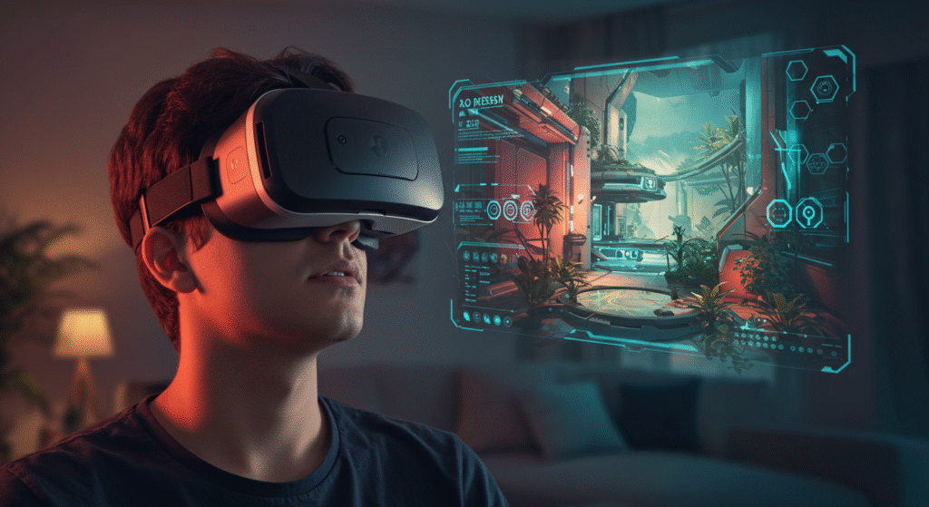 Jovem imerso em jogo de realidade virtual, com elementos de realidade aumentada sobrepostos ao ambiente. Tecnologia geek 2026.