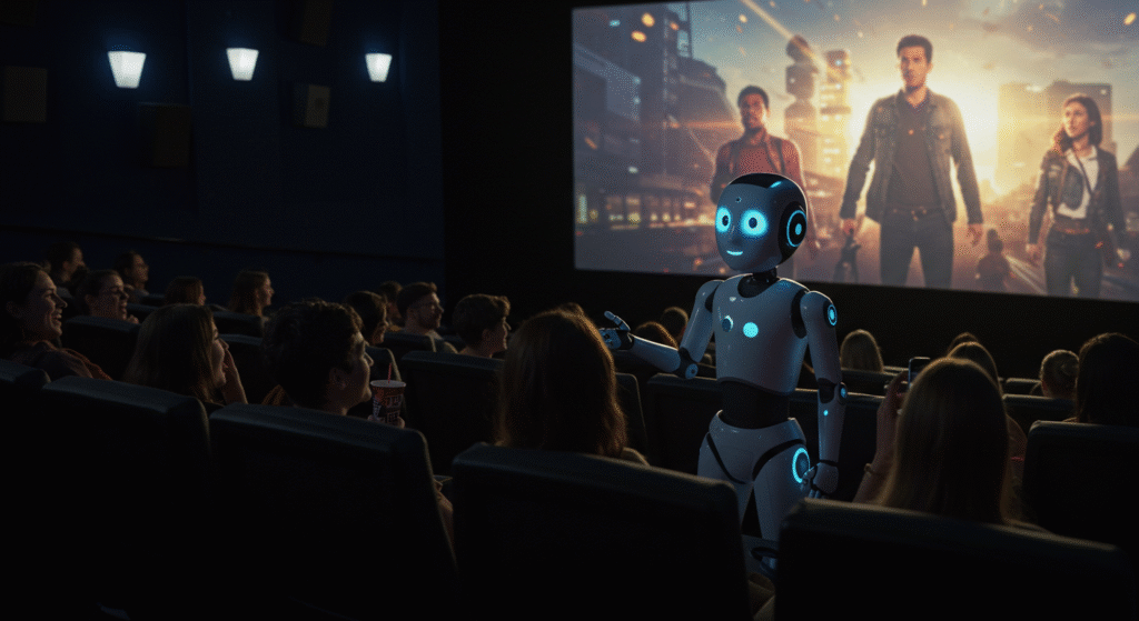Robô com tela no peito exibindo cena de filme, interagindo com pessoas. Inteligência artificial no entretenimento geek.