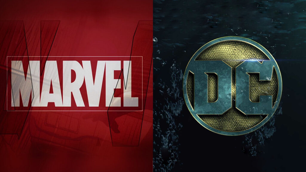 Logos da Marvel e DC Comics representando universos cinematográficos"