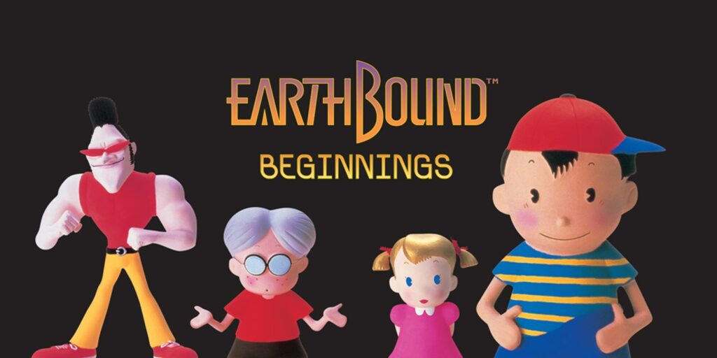 Ness, Paula, Jeff e Poo, os protagonistas de EarthBound, em uma batalha contra um inimigo peculiar.