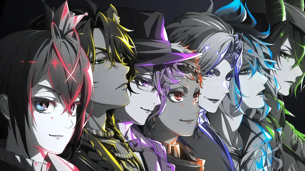 Personagens de Disney Twisted-Wonderland em seus uniformes da Night Raven College, exibindo o visual oficial do anime.
