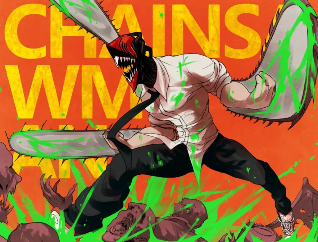 Arte promocional oficial da segunda temporada de Chainsaw Man mostrando Denji em ação