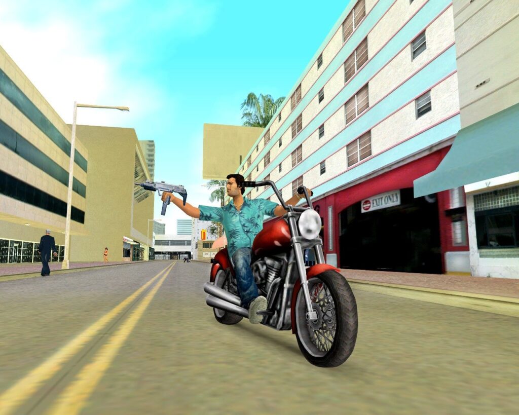 Personagem principal de GTA Vice City dirigindo pelas ruas da cidade