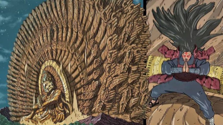 Hashirama Senju, o Primeiro Hokage, utilizando sua poderosa Liberação de Madeira em um cenário de floresta densa.
