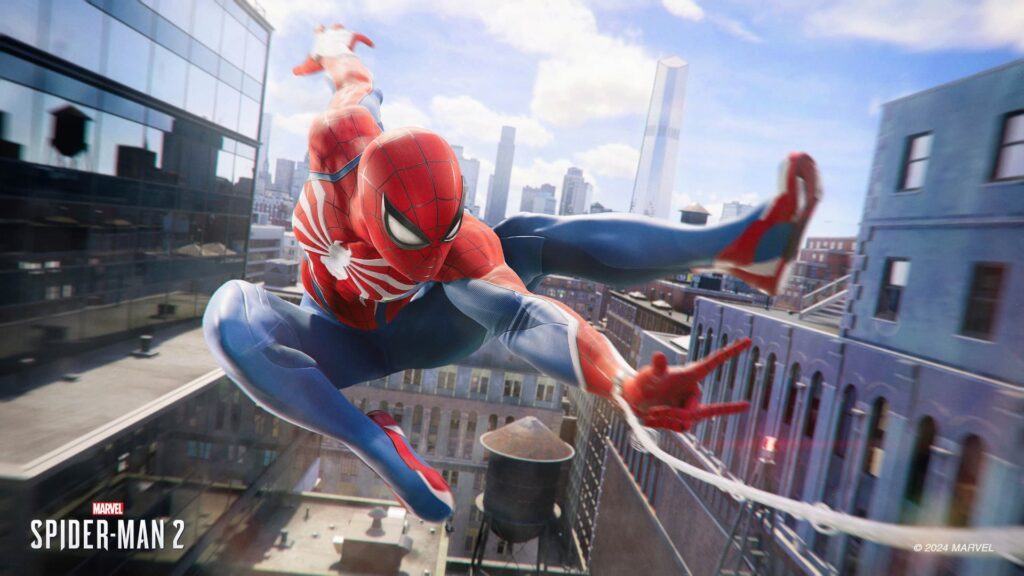 Spider-Man em ação balançando pela Nova York no jogo Spider-Man 2