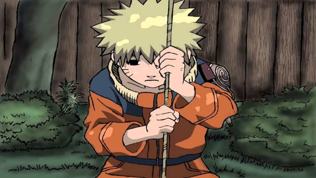 Naruto criança sozinho em um balanço, com a Vila da Folha ao fundo, ilustrando sua infância solitária.
