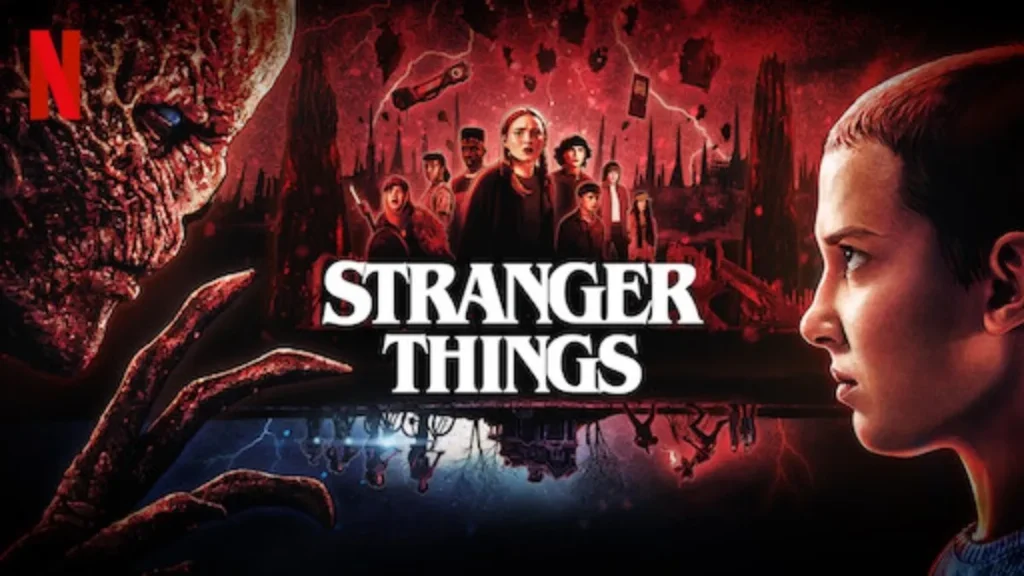 Eleven e Vecna com os personagens de Stranger Things ao fundo, destaque entre os top 10 series de suspense e fantasia