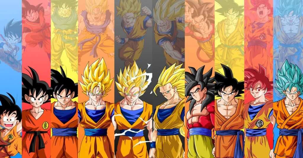 Evolução do personagem Goku através de suas diferentes fases e transformações em Dragon Ball