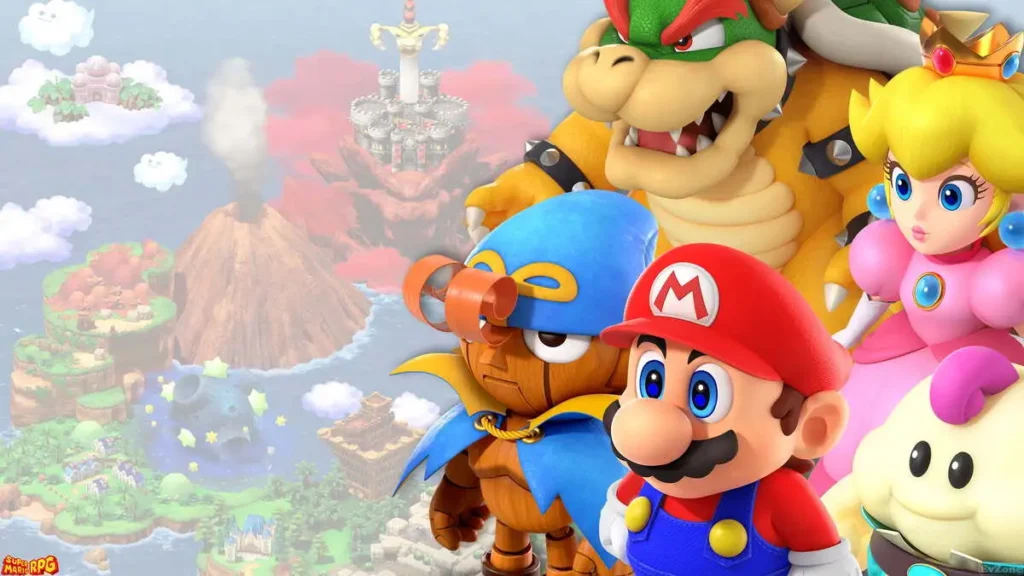 Mario, Mallow e Geno em combate, mostrando a jogabilidade de Super Mario RPG.