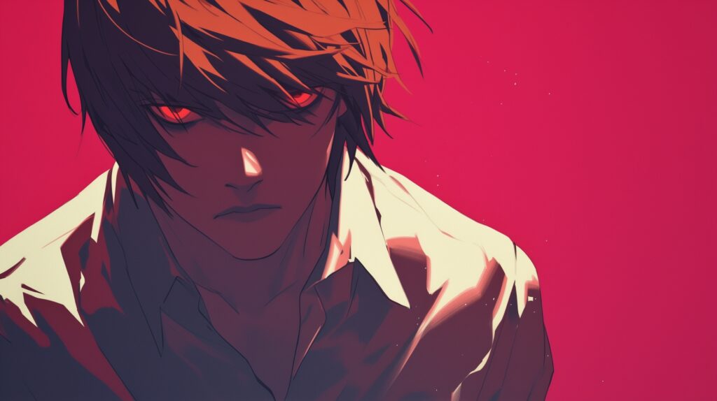 Light Yagami, um dos vilões dos animes mais icônicos, segurando o Death Note e mostrando sua face calculista e intensa.