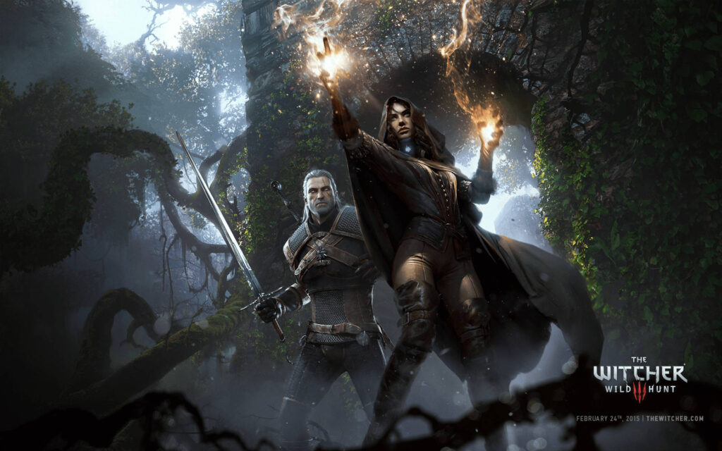 Geralt de Rivia em combate no mundo fantástico de The Witcher 3