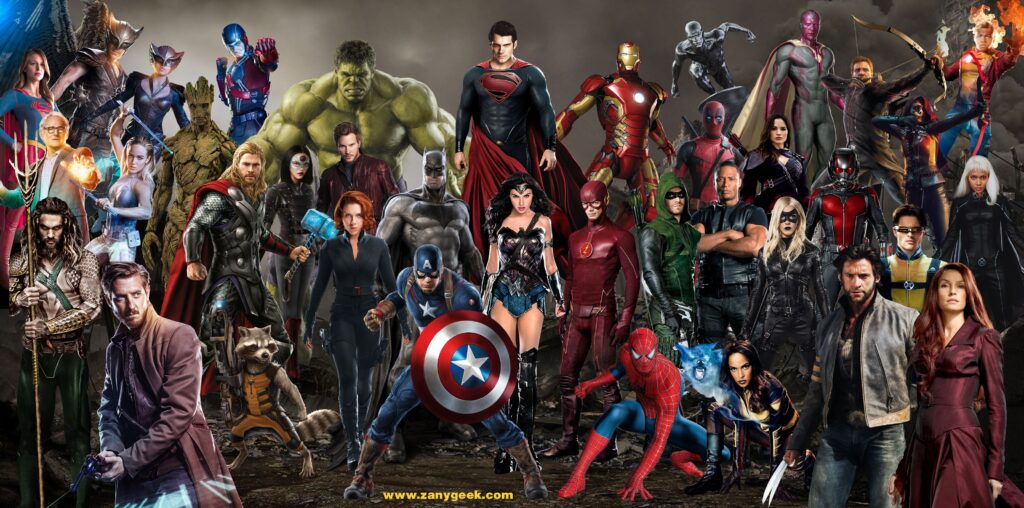Diversos super-heróis da Marvel e DC representando diferentes etnias, gêneros e culturas