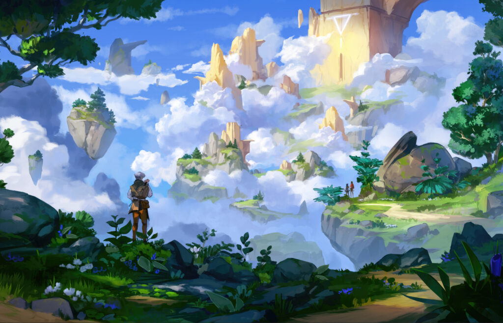Vista panorâmica das ilhas flutuantes que compõem o mundo de Lost Skies