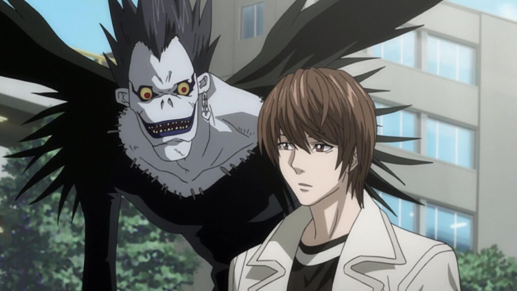 Ligth Yagami com o seu shinigame no anime Death Note