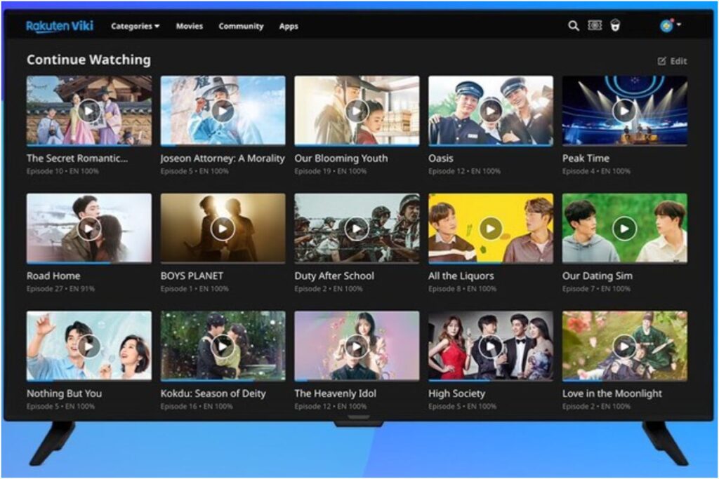 Interface da plataforma Viki com catálogo de doramas asiáticos