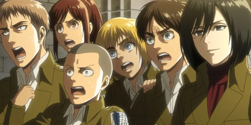 Personagens de Attack on Titan em cenas de ação