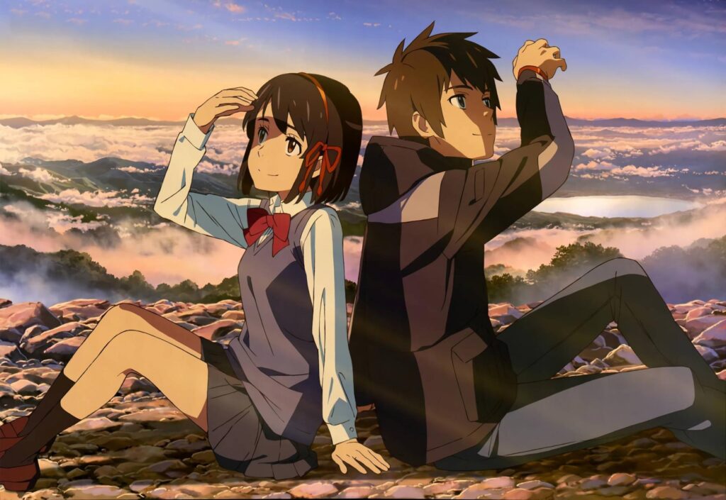 Taki e Mitsuha, protagonistas de Your Name, em momento emotivo