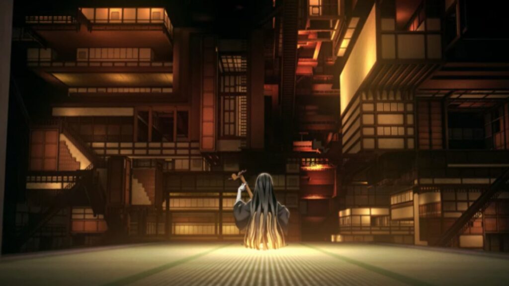 Nakime controlando o Castelo Infinito através de sua biwa mágica