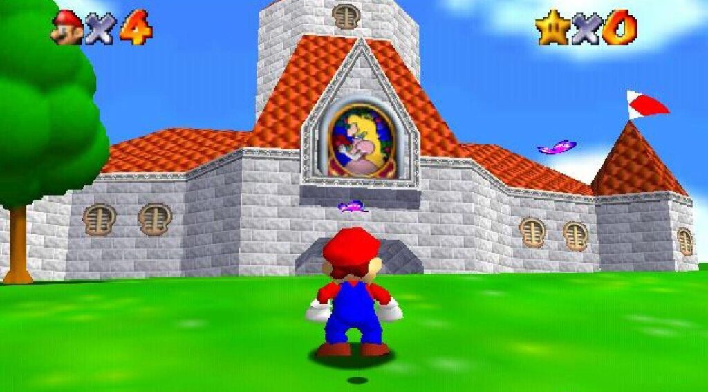 Mario em ambiente tridimensional no jogo Super Mario 64, marco na evolução dos gráficos 3D nos videogames