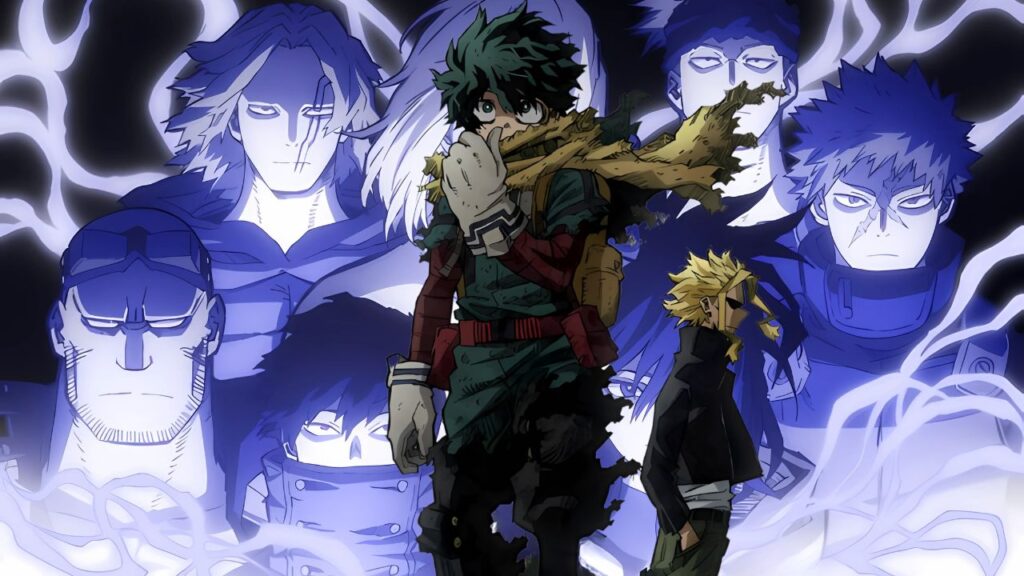 Deku do anime My Hero Academia com os seus mentores