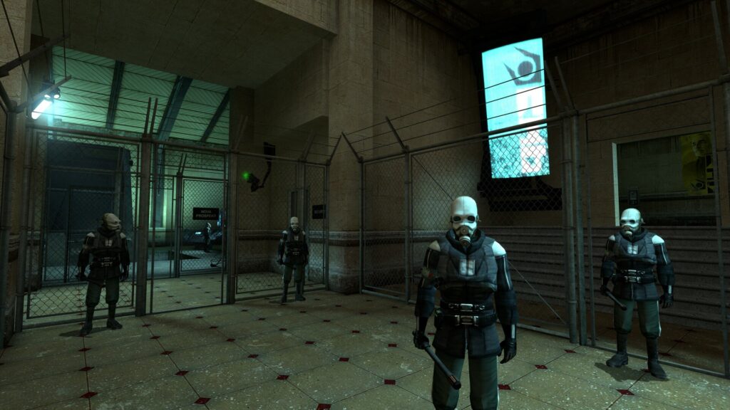 Cena do jogo Half-Life 2 demonstrando efeitos avançados de iluminação e sombreamento que marcaram esta era dos videogames